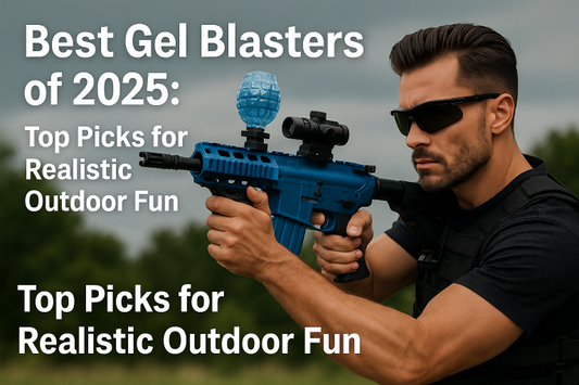 Man holding a blue gel blaster – Best Gel Blasters of 2025 blog cover image