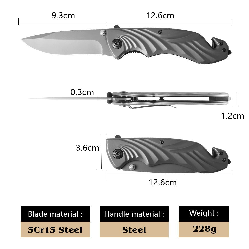 Silver Wave Folding Knife – Steel Handle with Glass Breaker, 3Cr13 CL05024