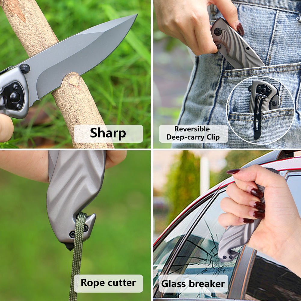 Silver Wave Folding Knife – Steel Handle with Glass Breaker, 3Cr13 CL05024
