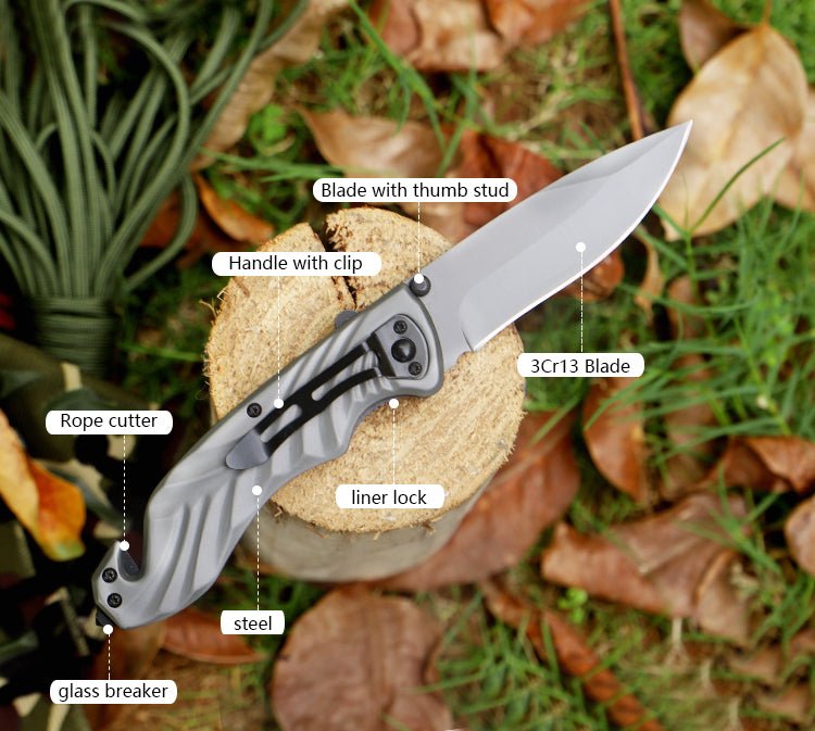 Silver Wave Folding Knife – Steel Handle with Glass Breaker, 3Cr13 CL05024