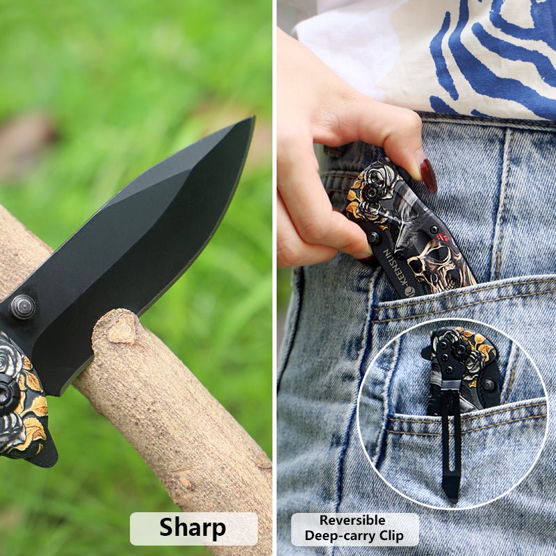 Folding Pocket Knife with Skeleton & Rose Design – 3Cr13 CL05032A