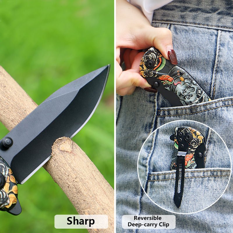 Folding Pocket Knife with Skull & Rose Print – 3Cr13 CL05032B