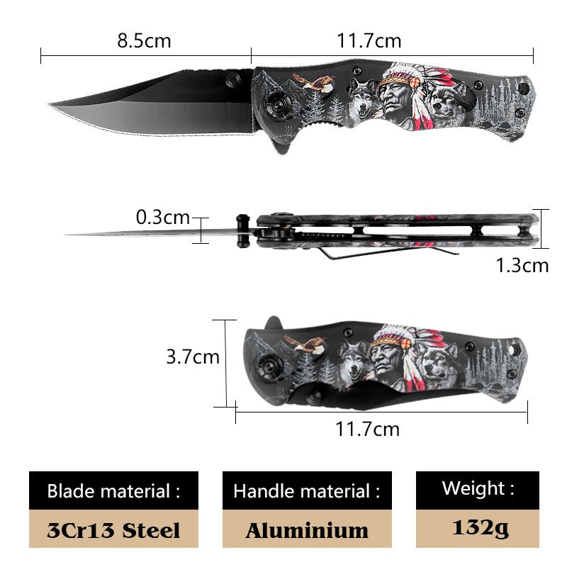 Folding Pocket Knife with Tribal Wolf Graphic – 3Cr13 CL05032C