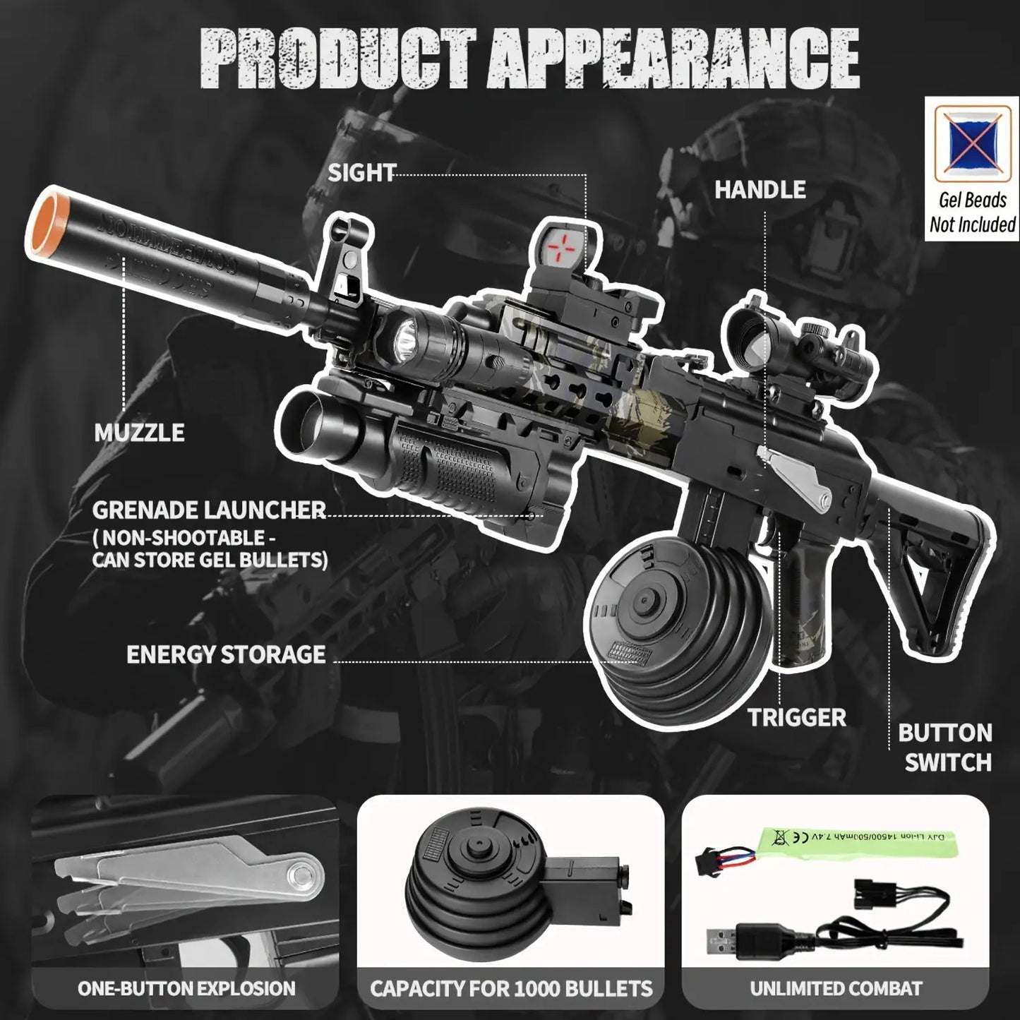 [US Stock | 3–5 Day Delivery] AKM Gel Ball Blaster – 7.4V Full Auto Electric with Drum Mag