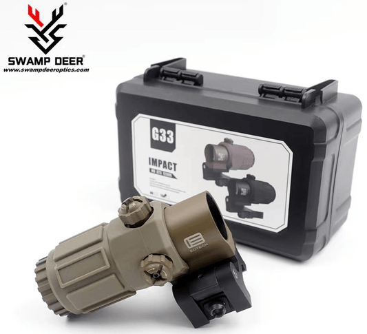 SWAMPDEER G33 3X Tactical Magnifier with Flip-to-Side Mount Displayed on Stand in FDE Color
