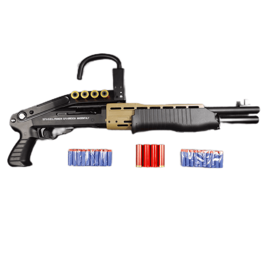 UDLSP12 Tactical Shotgun Blaster with Black Frame, Gold Accents, and Shell Ejecting Mechanism
