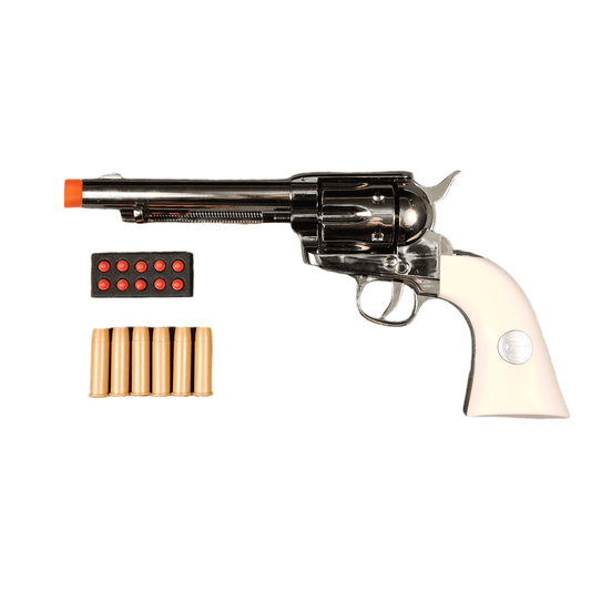 Outlaw Iron 1873 Full Metal Cowboy Revolver with Shell Cartridges and Classic Western Design
