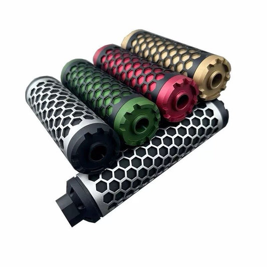 Hive style aluminium mock silencer in multiple colors – 14mm CCW thread, 130mm and 160mm length for gel blasters or airsoft
