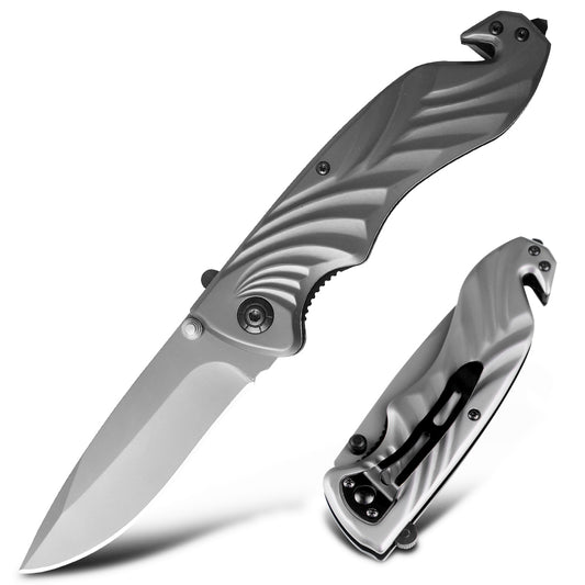 Silver Wave Folding Knife – Steel Handle with Glass Breaker, 3Cr13 CL05024