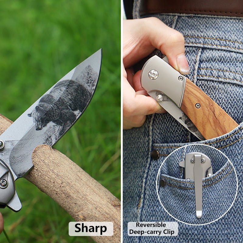 intage Folding Knife with Bear Etching  CL0654