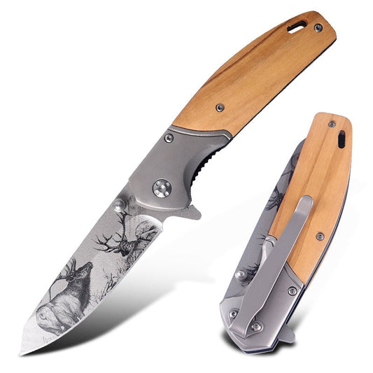 Vintage Folding Knife with Deer Etching  CL0655