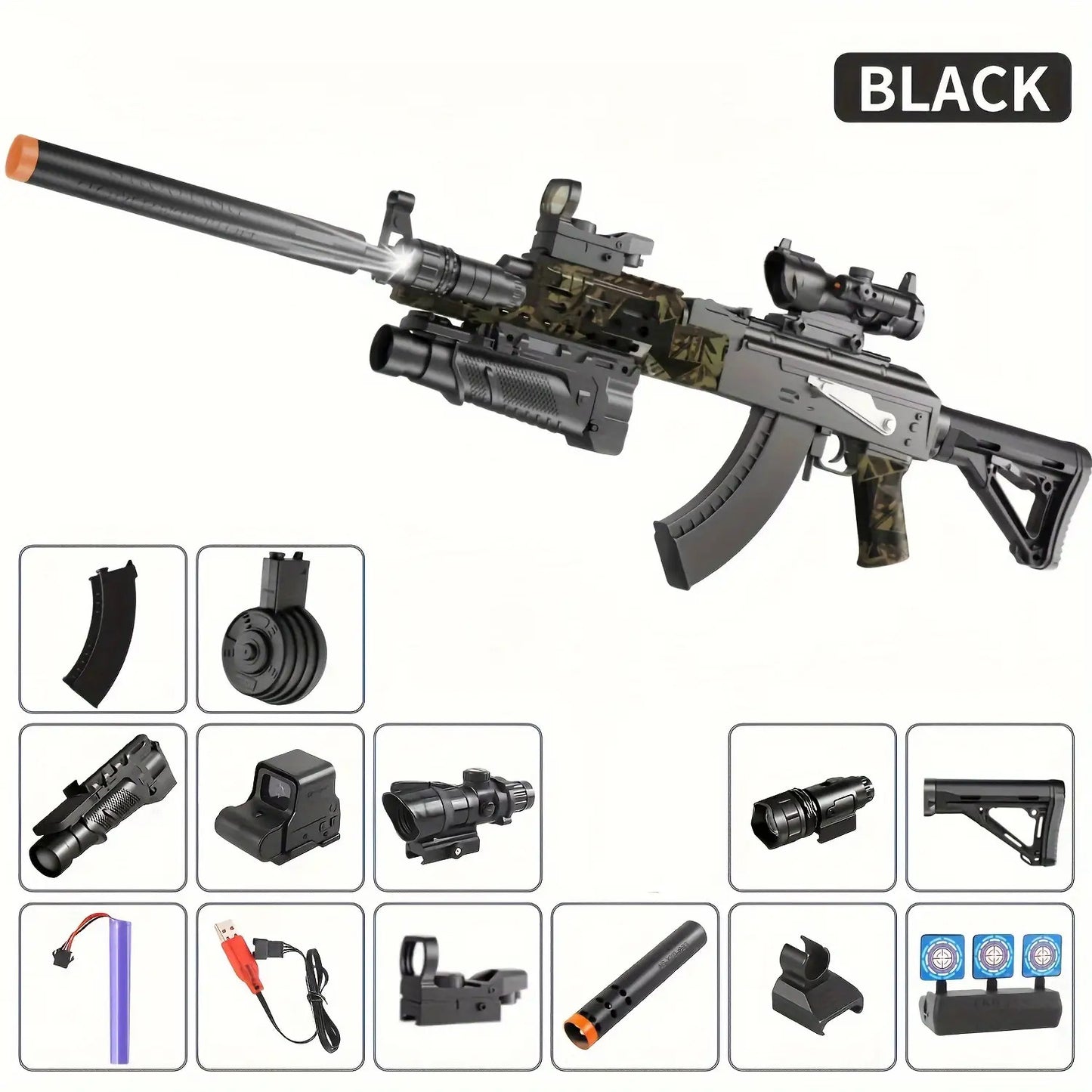 [US Stock | 3–5 Day Delivery] AKM Gel Ball Blaster – 7.4V Full Auto Electric with Drum Mag